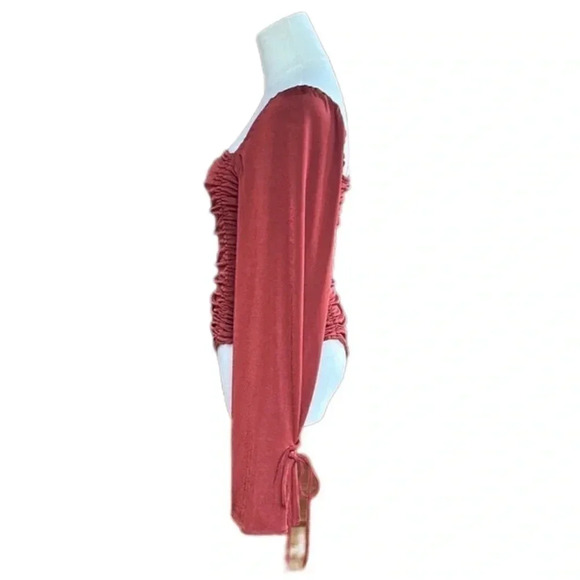 Free People Ruched Long Sleeve Bodysuit Cherry Chai Bottom Snap Closure Small - Picture 7 of 13